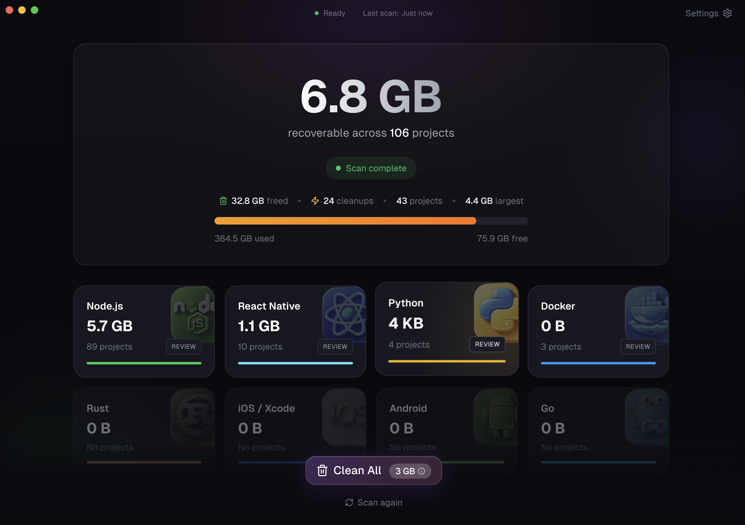 Cluttered app dashboard showing disk space analysis
